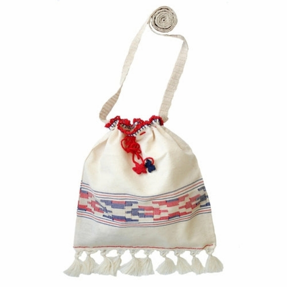 Boho fabric crossbody bag with knit string and flowers and fringe. 10"×9" - Picture 8 of 8